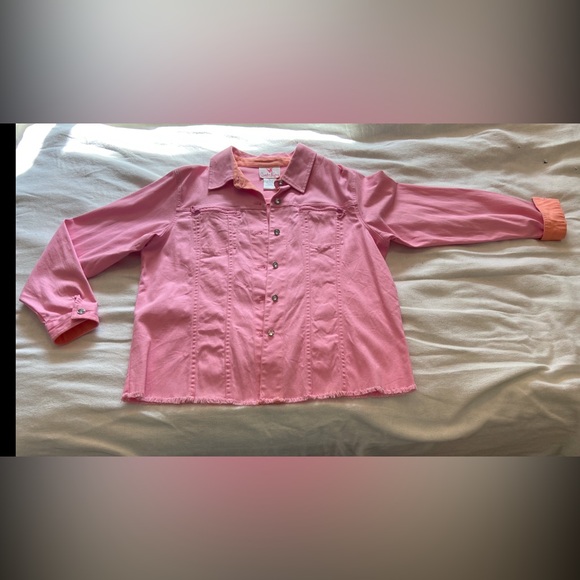 Quaker Factory Jacket Pink with Orange Trim Rhinestone buttons Size Large - Picture 6 of 14
